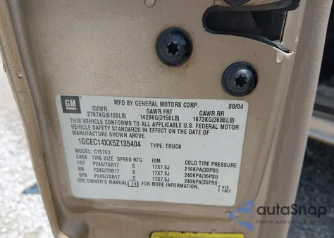 2005 Chevrolet Silverado 1500 Work Truck from USA, damaged, VIN 1GCEC14XX5Z135404